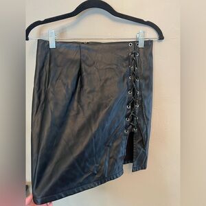 Black Faux Leather Skirt with Lace-Up Detail
